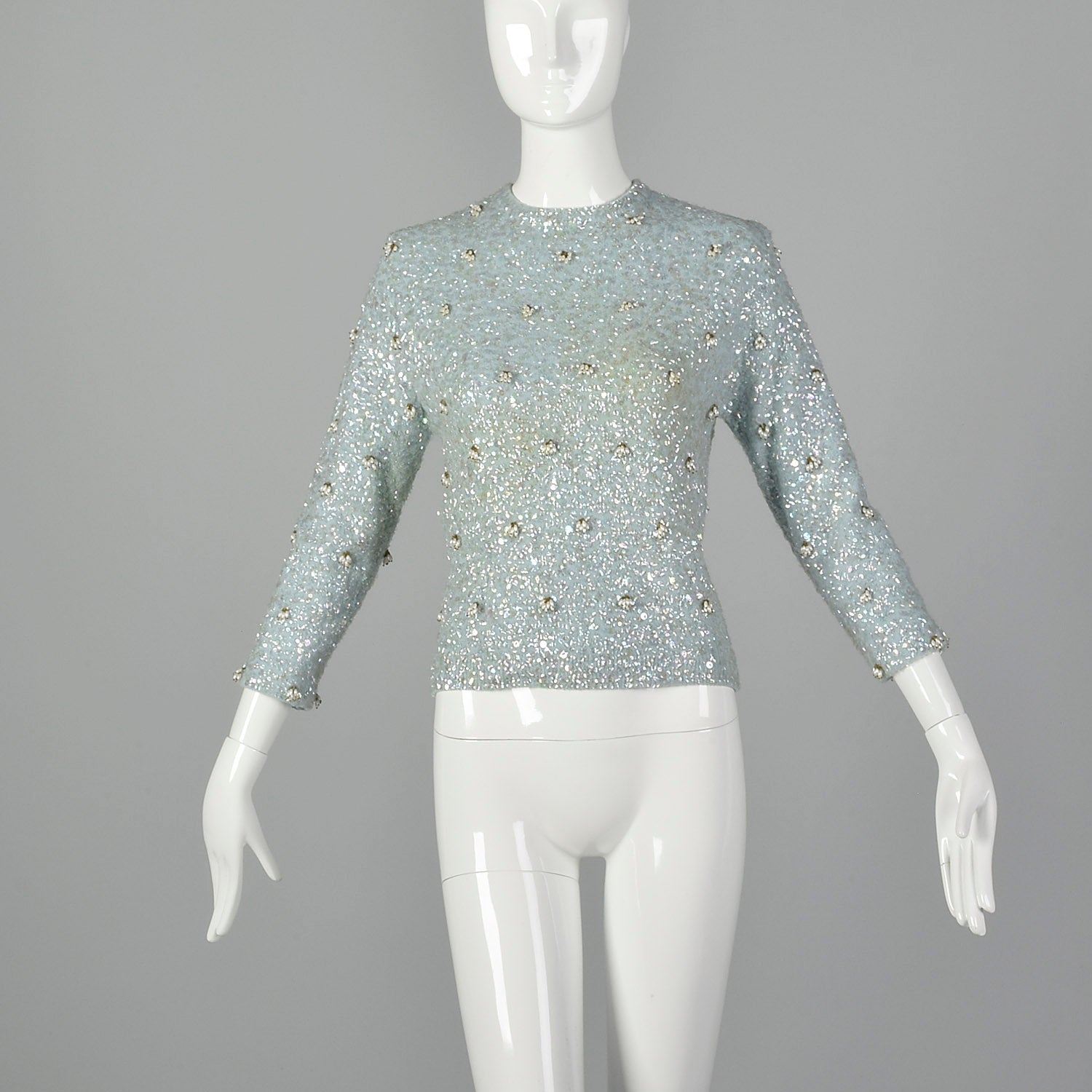 XS 1960s Fully Beaded and Sequined Blue Sweater