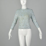 XS 1960s Fully Beaded and Sequined Blue Sweater