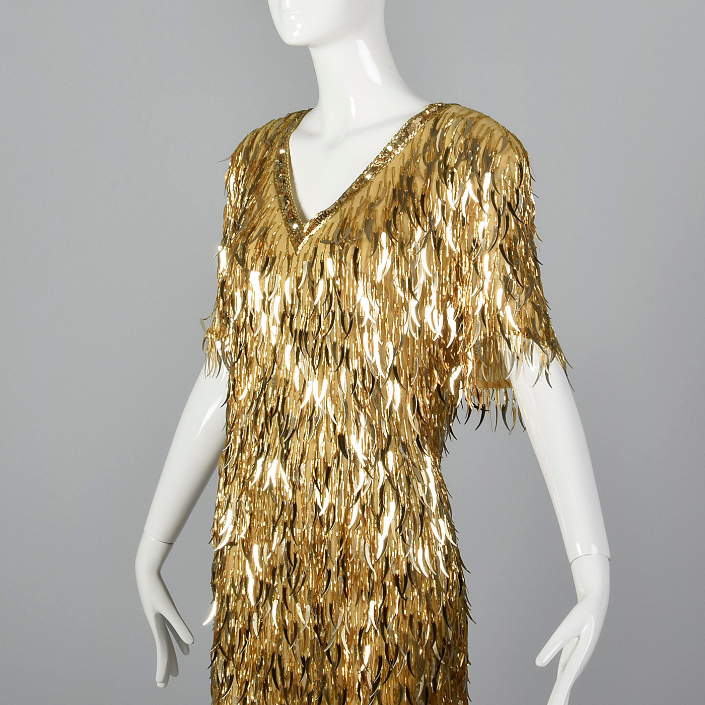 1980s Gold Silk Dress with Dangling Sequin Fringe Style & Salvage 1980s Gold Silk Dress with Dangling Sequin Fringe Style & Salvage