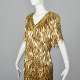 1980s Gold Silk Dress with Dangling Sequin Fringe