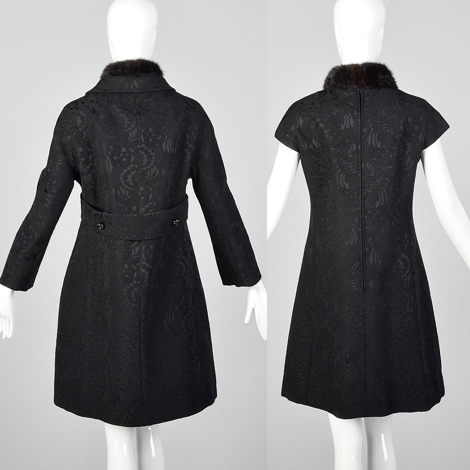 Medium 1960s Black Wool Brocade Coat and Dress Set