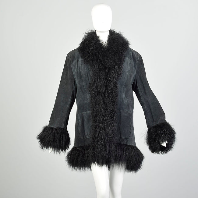 XL 1990s Fur Trimmed Winter Jacket Mongolian Lamb Black Suede Leather Car Coat