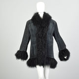 XL 1990s Fur Trimmed Winter Jacket Mongolian Lamb Black Suede Leather Car Coat