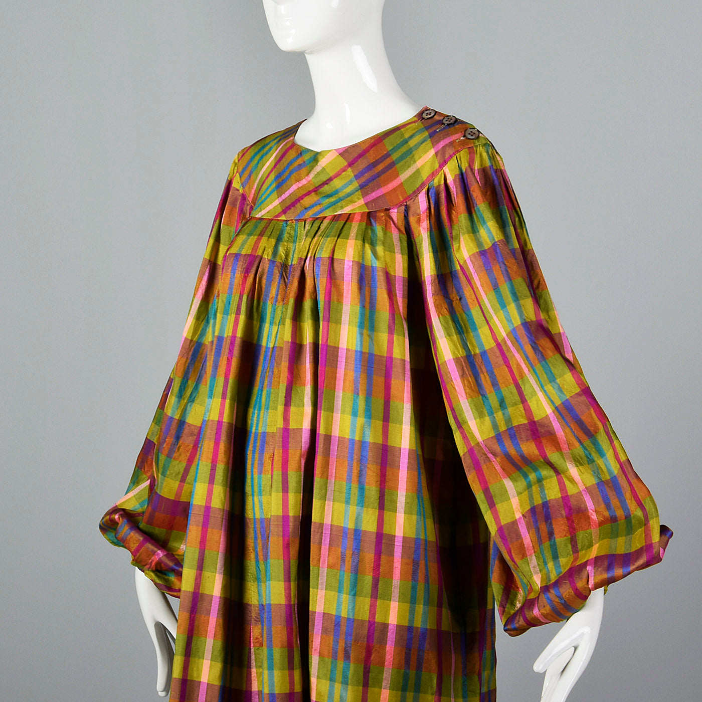 1970s Lanvin Lightweight Silk Dress in Rainbow Plaid with Huge Balloon Sleeves