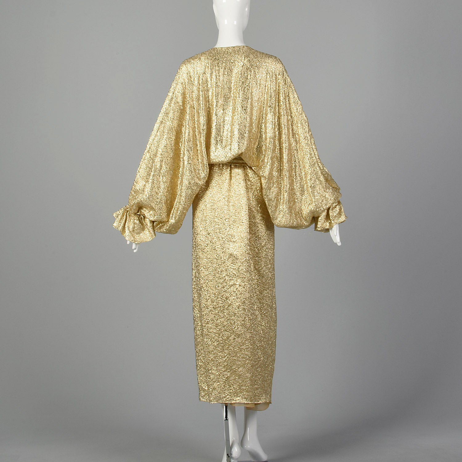 1970s Metallic Gold Evening Dress with Balloon Sleeves