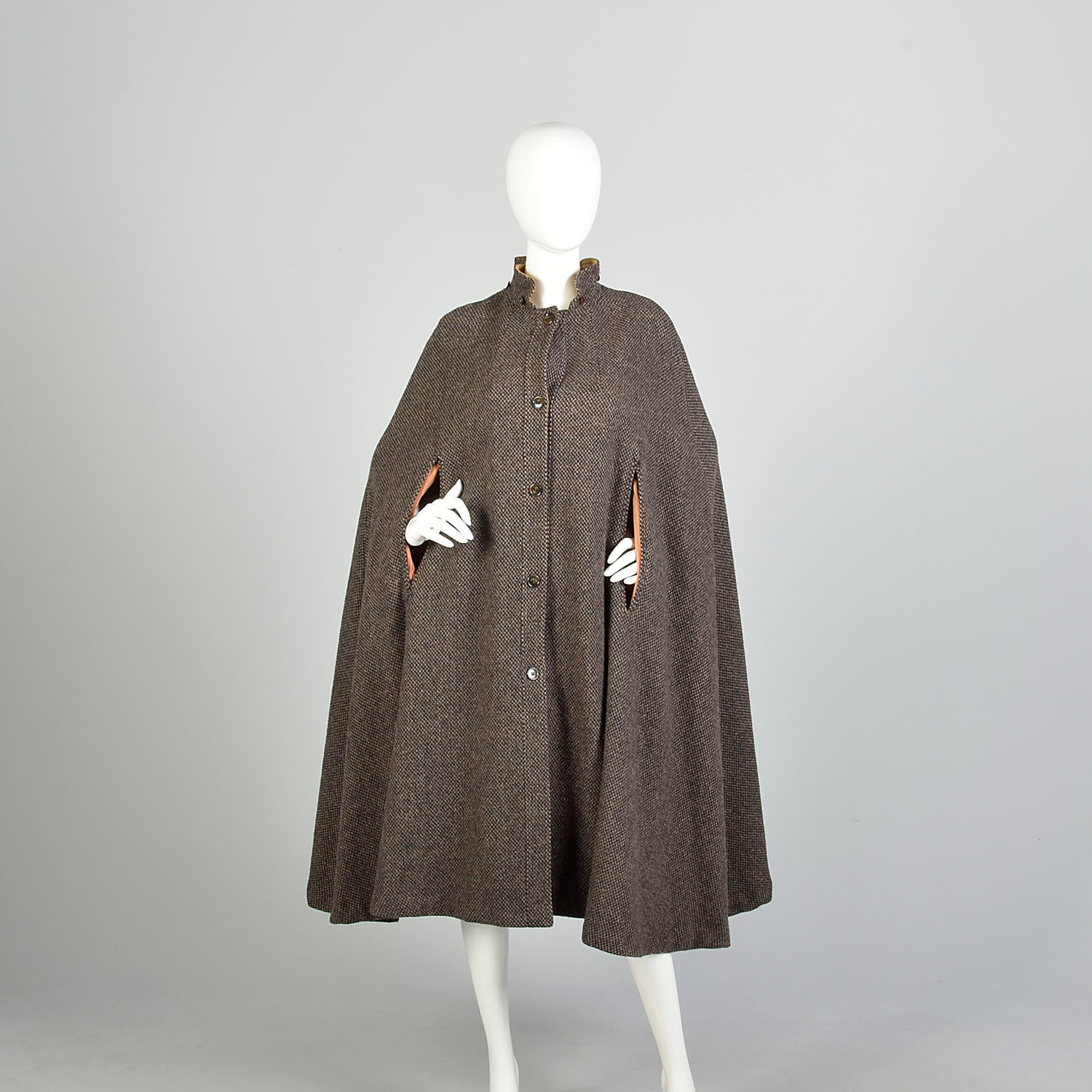 OSFM 1970s Cape Brown Hooded Tweed Wool Vintage Winter Outerwear