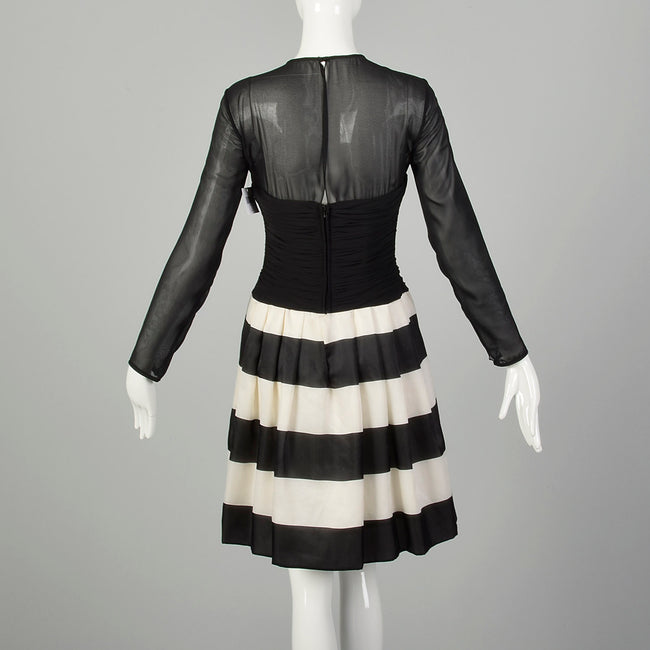 XS 2000s Dress Black Sheer White Stripe Long Sleeve Cocktail Party