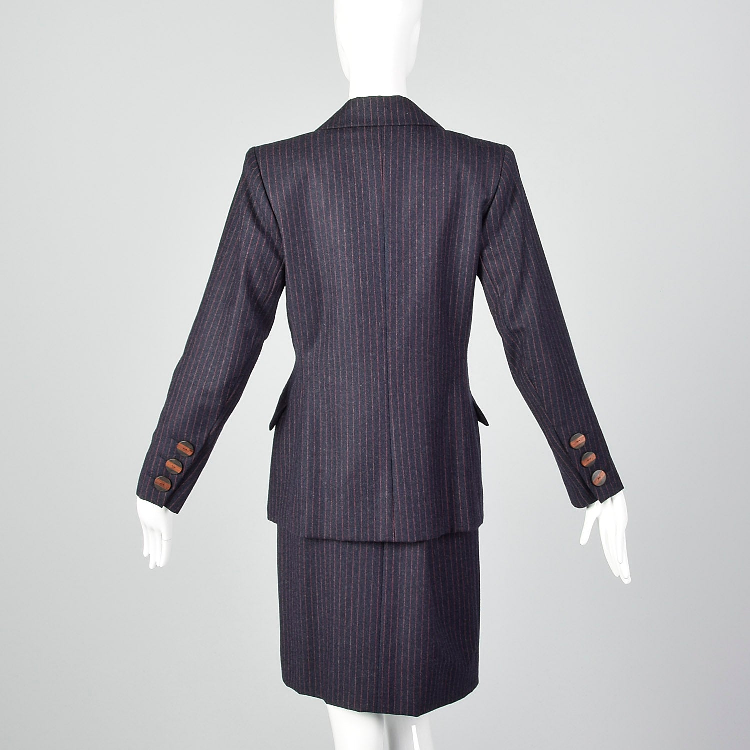 1990s Yves Saint Laurent Navy Blue Wool Striped Skirt Suit