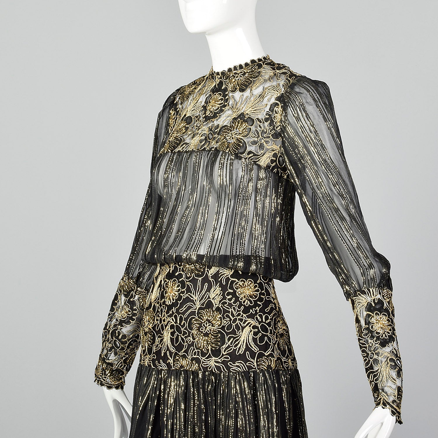 Small Marc Vaughan 1970s Sheer Black and Metallic Gold Dress