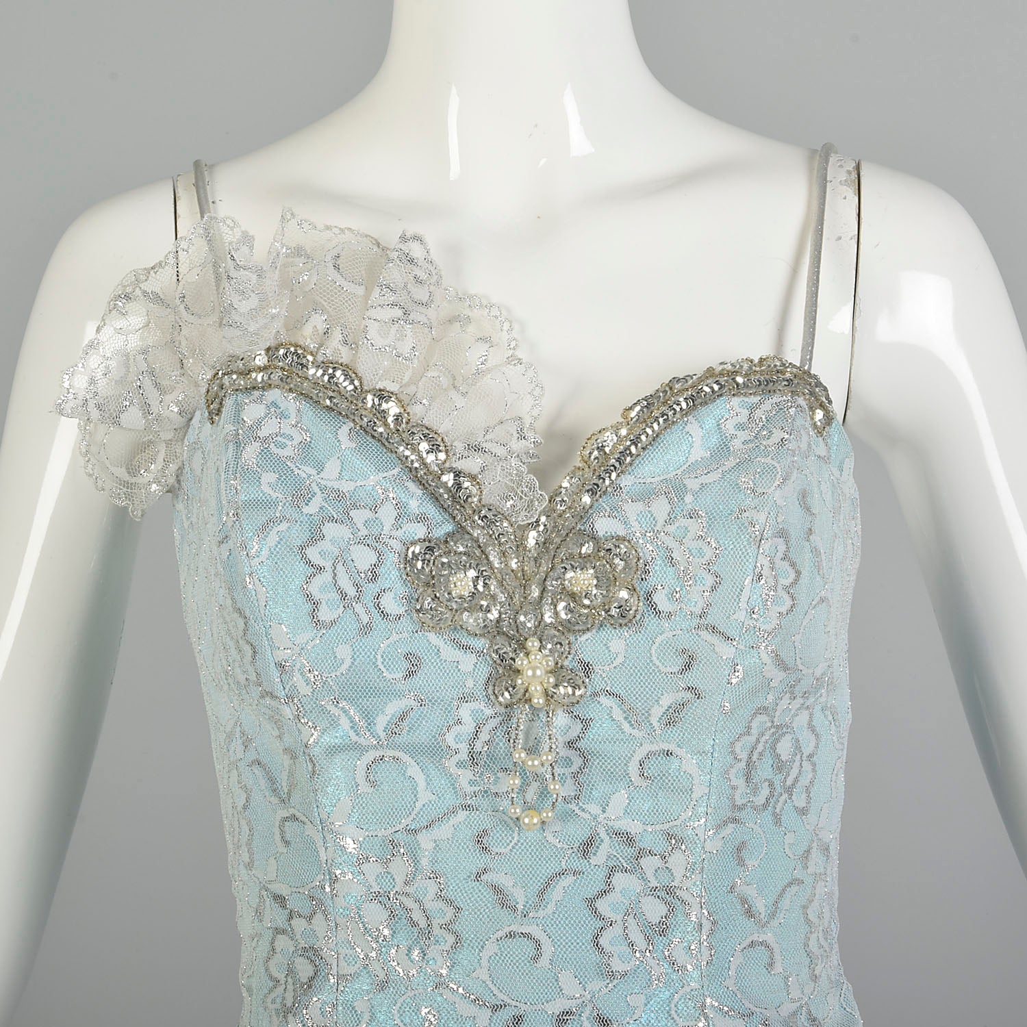 Small 1980s Blue Silver Sleeveless Layered Lace Asymmetric Calypso Mermaid Prom Dress