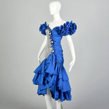 XS 1980s Blue Silver Sequin Calypso Gown Hi Lo Ruffle Hem Asymmetric Taffeta Skirt