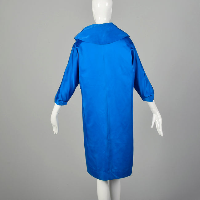 Small 1950s Clutch Coat Blue Satin Bracelet Cuff Wide Collar Batwing Sleeves