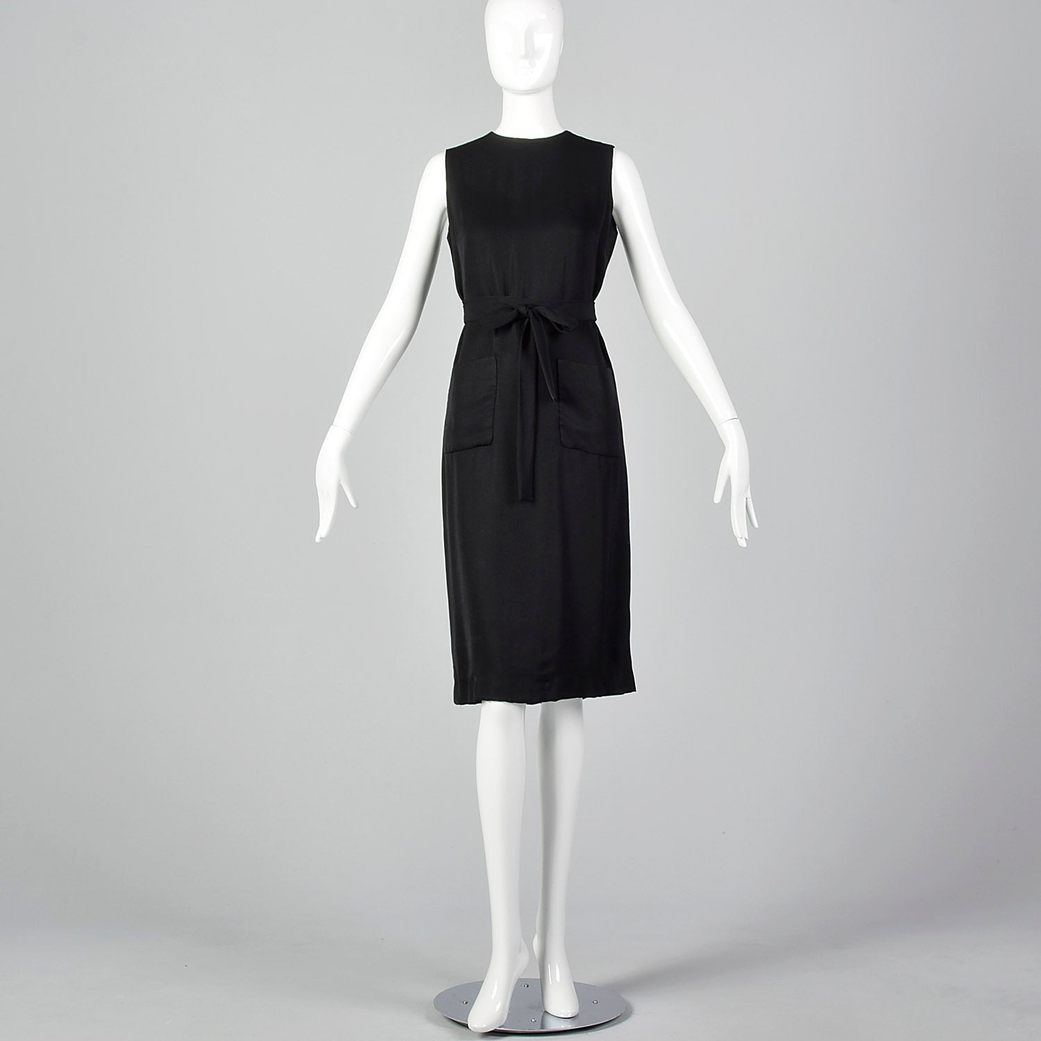 1960s Classic Little Black Dress Belted Sleeveless Shift with Patch Pockets