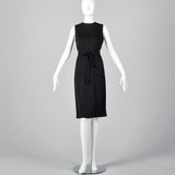 1960s Classic Little Black Dress Belted Sleeveless Shift with Patch Pockets