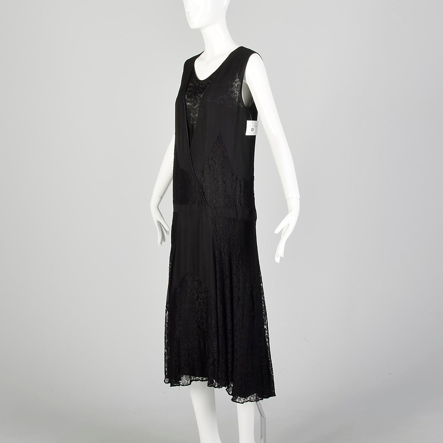 Medium 1920s Black Silk Dress Lace Panel Elegant Sleeveless Evening