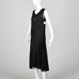 Medium 1920s Black Silk Dress Lace Panel Elegant Sleeveless Evening