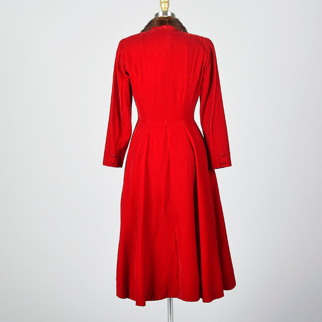 1950s Red Velvet Coat Dress with Mink Collar