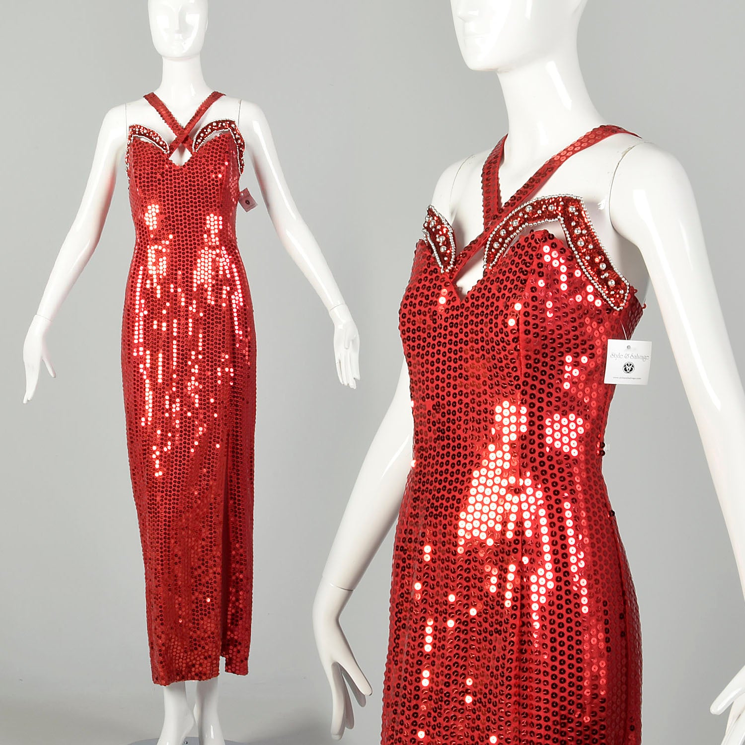 Medium 1990s Red Evening Dress Beaded Sleeveless Sequin Maxi