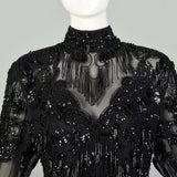Medium D'ore Dress 1980s Silk Sexy Black Beaded Sheer Long Sleeve