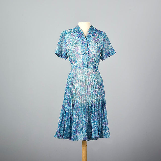 1960s Sheer Blue Floral Print Dress