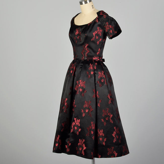 Small Suzy Perette 1950s Dress Black and Red Floral Silk Brocade with Built in Crinoline