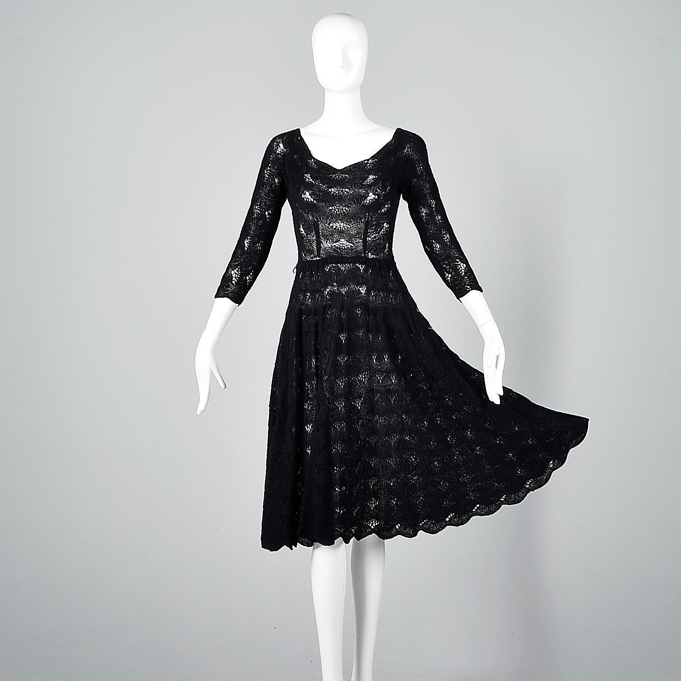 1950s Sexy Black Crochet Cocktail Dress with Full Skirt