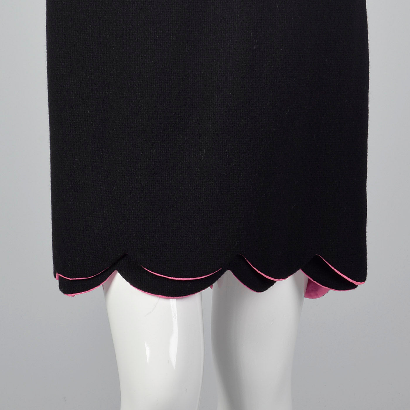 1960s Black Wool Dress with Pink Trim and Scallop Hem