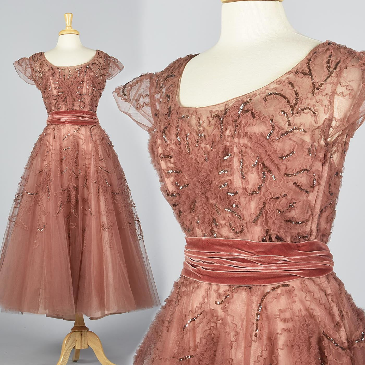 Ethereal 1950s Blush Tulle Evening Gown with Sequin Details