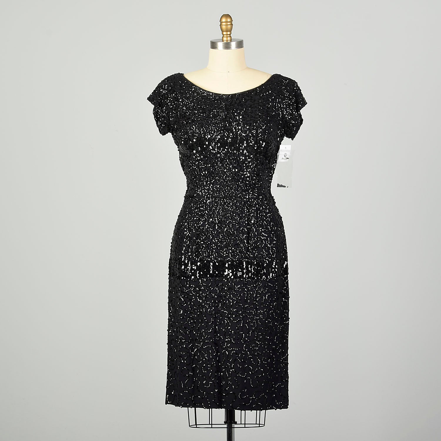 Medium 1950s Black Sequin Dress Evening Sheath LBD Cocktail Party Little Black Dress