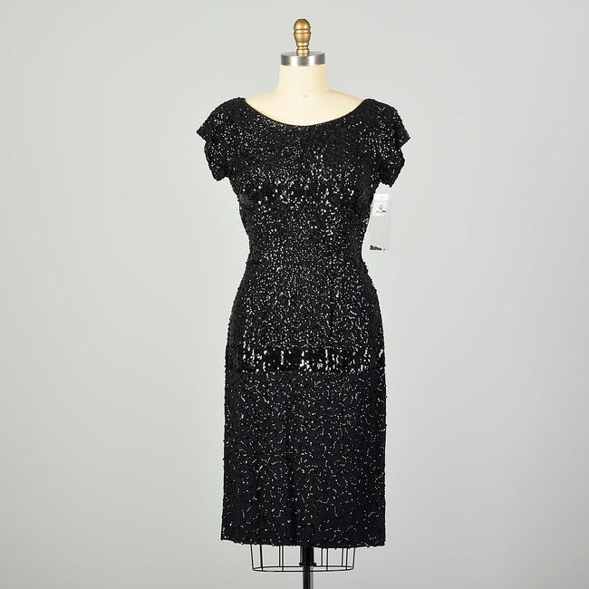 Medium 1950s Black Sequin Dress Evening Sheath LBD Cocktail Party Little Black Dress