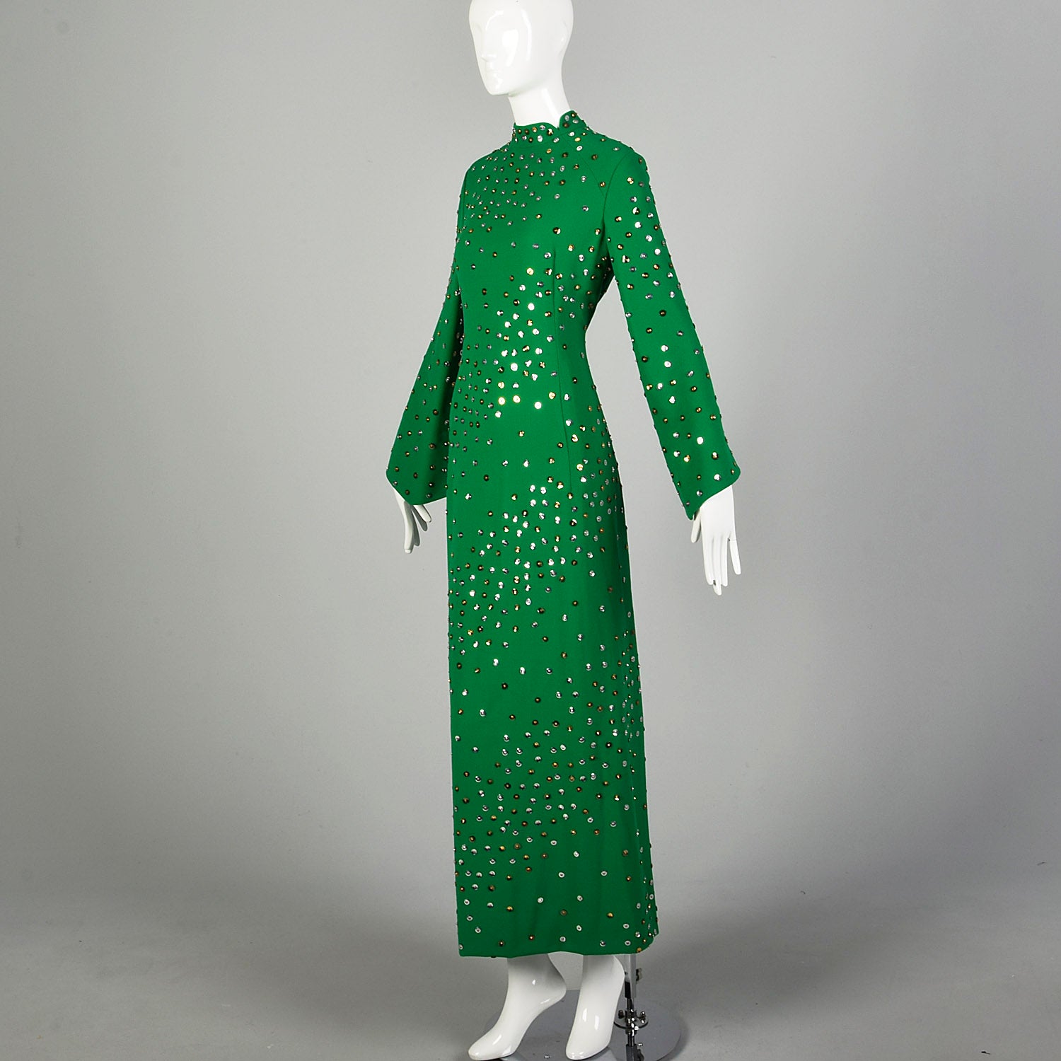 Large 1970s Pauline Trigere Dress Green Long Sleeve Formal Evening Gown Sequin