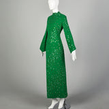 Large 1970s Pauline Trigere Dress Green Long Sleeve Formal Evening Gown Sequin