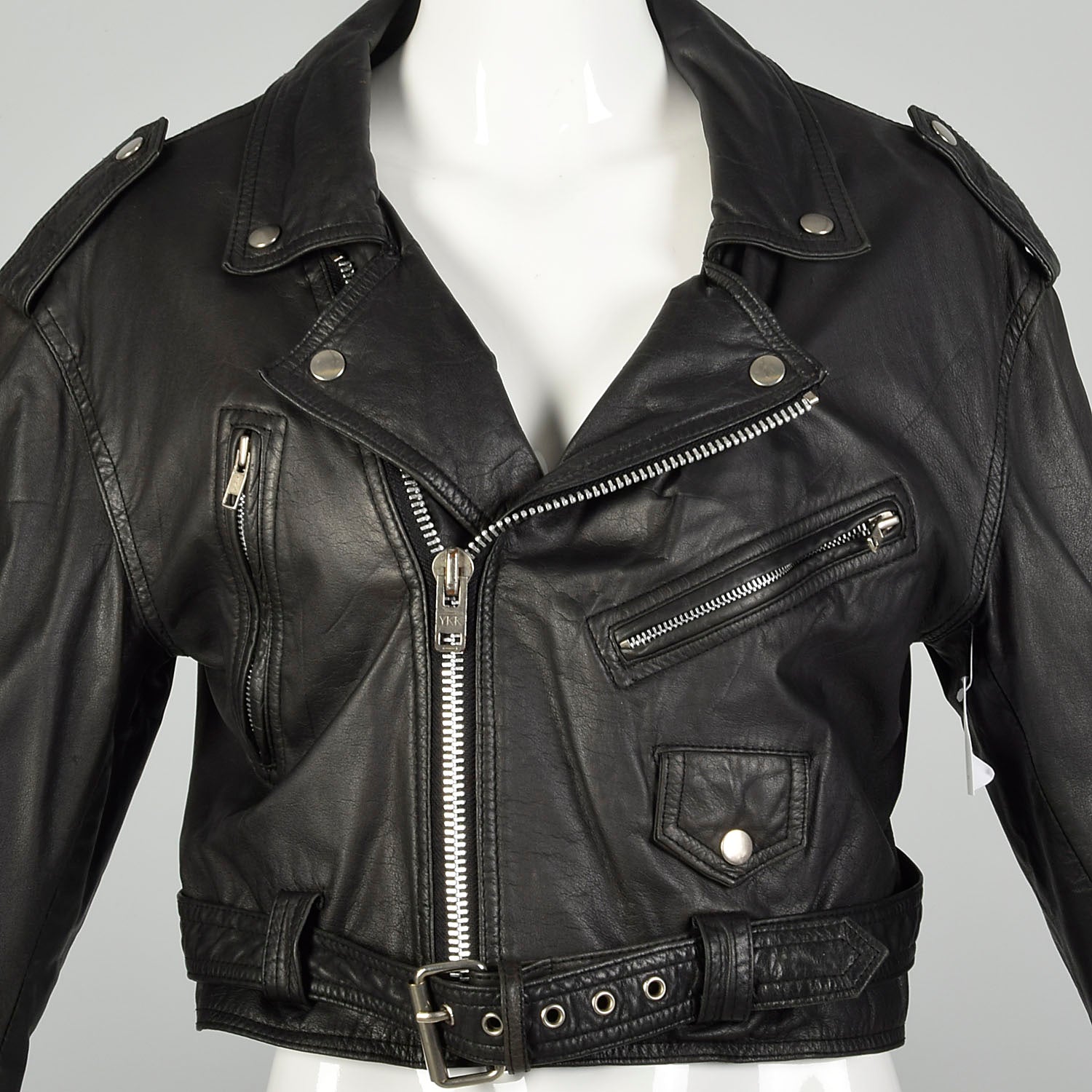 1990s Black Leather Cropped Biker Jacket Belt