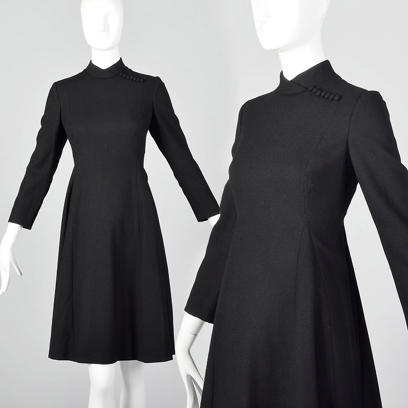 1960s Teal Traina Long Sleeve Babydoll Dress in Black Wool