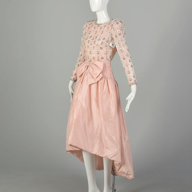 XS 1980s Victoria Royal Evening Gown Hi-Lo Skirt Beaded Pearl Bodice Pink Taffeta