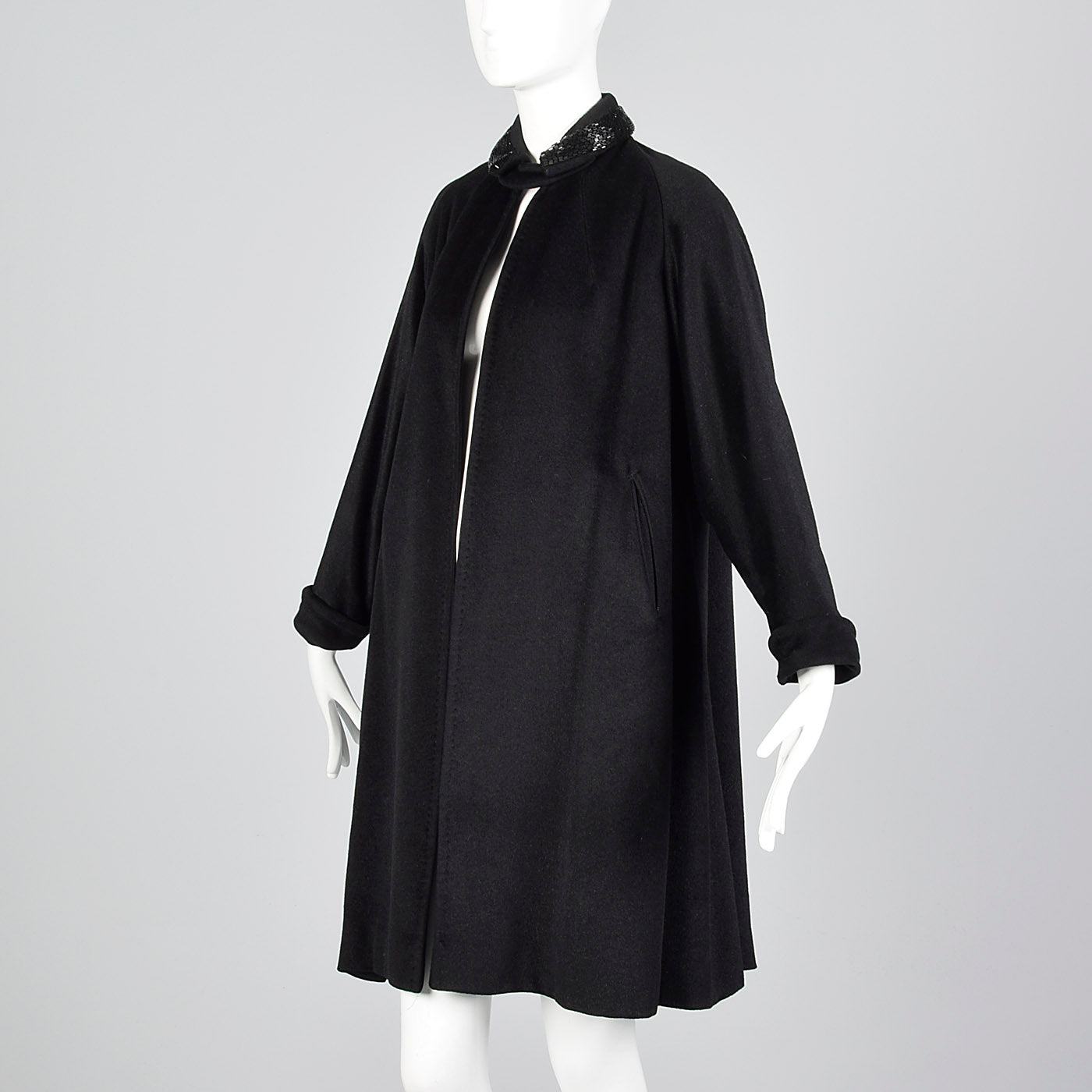 1950s Black Wool Swing Coat with Beaded Collar