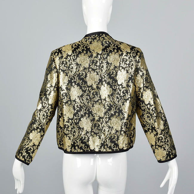 1980s Lillie Rubin Black and Metallic Gold Brocade Bolero Jacket