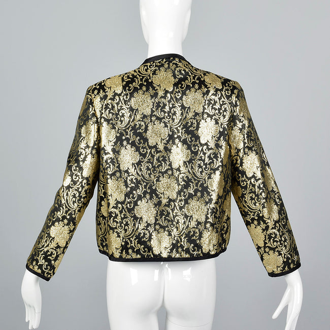 1980s Lillie Rubin Black and Metallic Gold Brocade Bolero Jacket