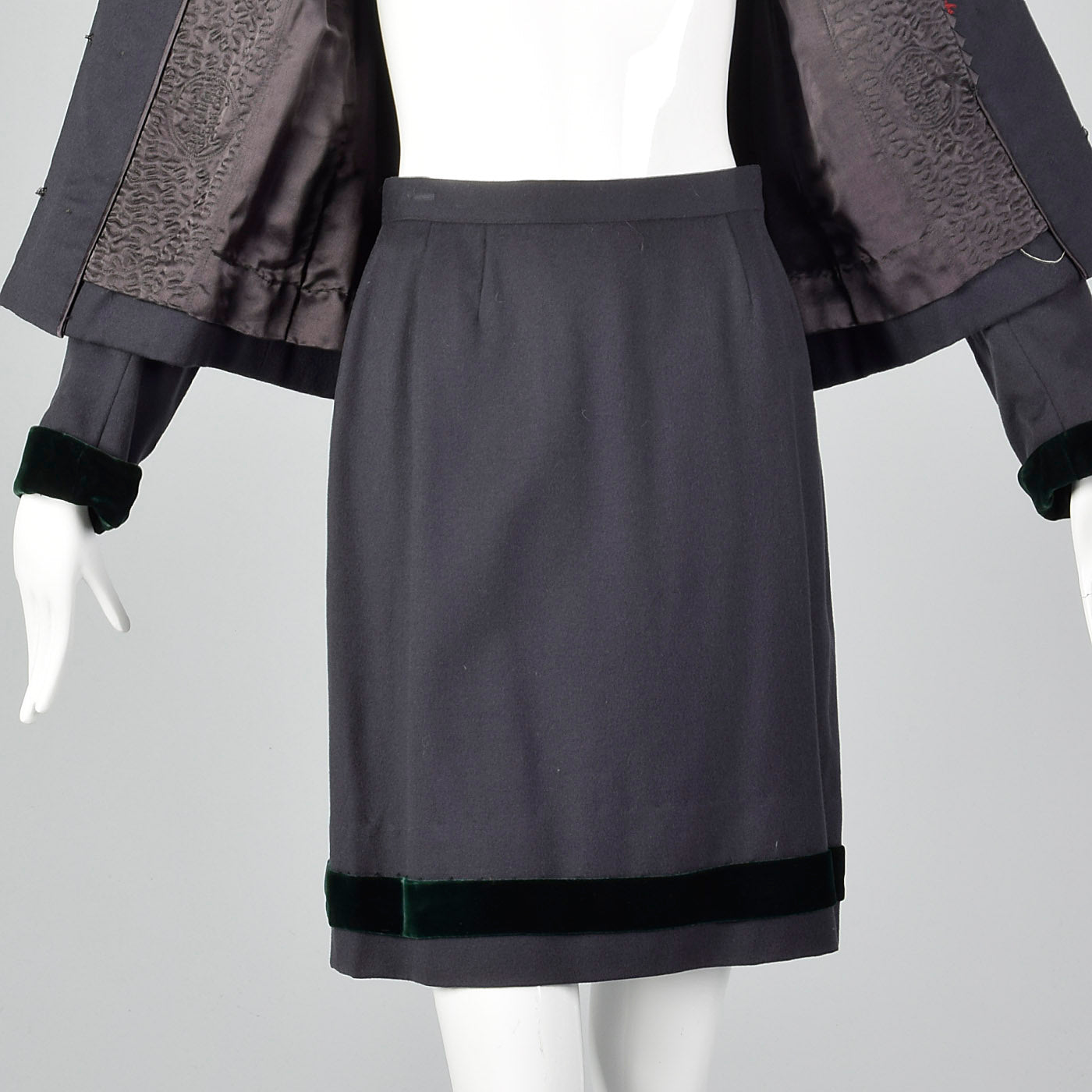 1960s Gray Wool Skirt Suit with Green Velvet Trim