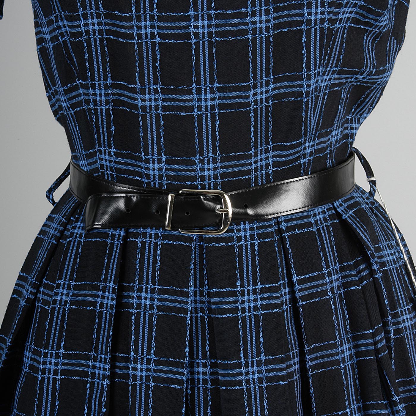 1950s Black Party Dress with Blue Windowpane Plaid