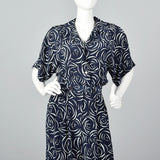 1980s Albert Nipon Navy Silk Print Jumpsuit
