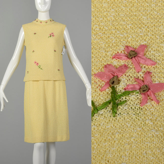Medium 1960s Yellow Knit Outfit Sleeveless Top and Skirt