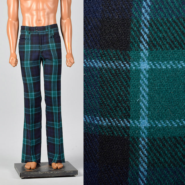 1970s Mens Deadstock Plaid Bell Bottom Pants