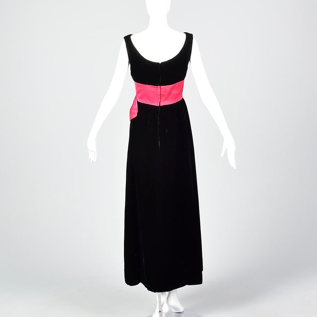 1960s Black Velvet Dress with Pink Cummerbund Waist