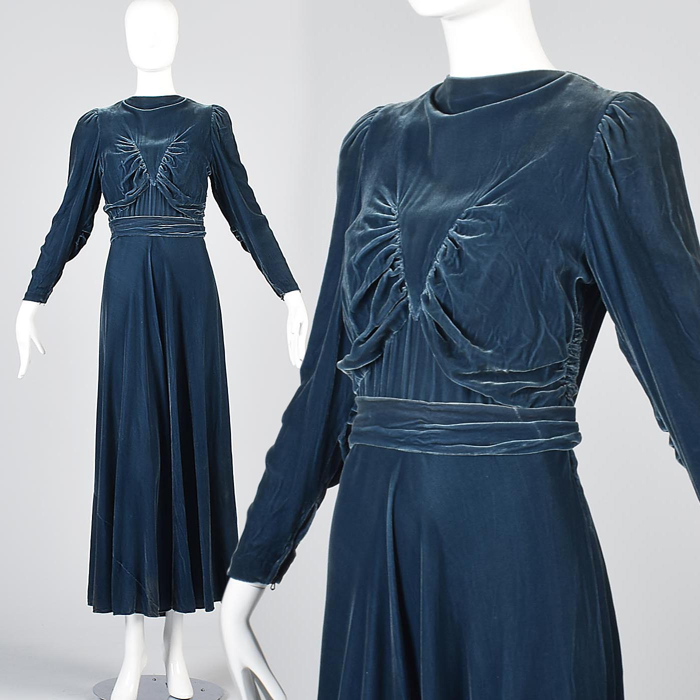1930s Blue Velvet Gown with Gathered Bodice