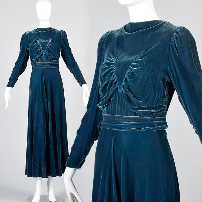 1930s Blue Velvet Gown with Gathered Bodice