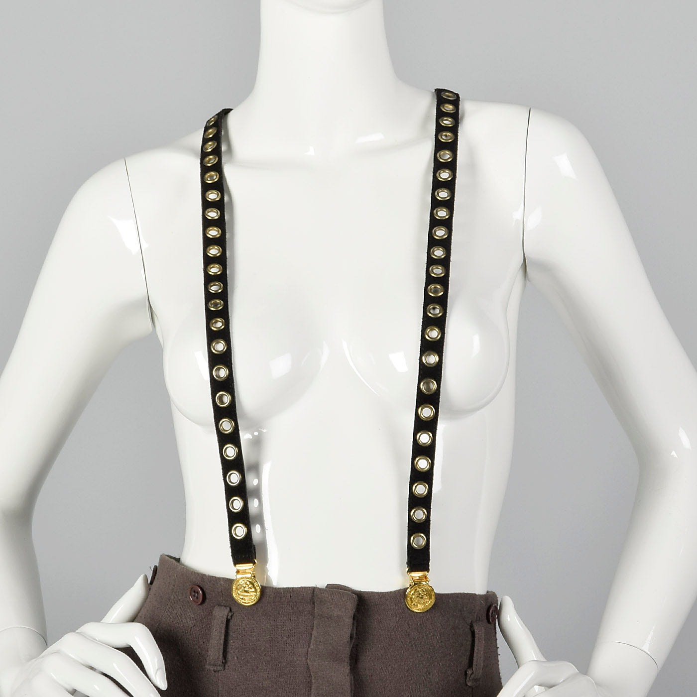 Sonia Rykiel Black Suede Suspenders with Gold Eyelets