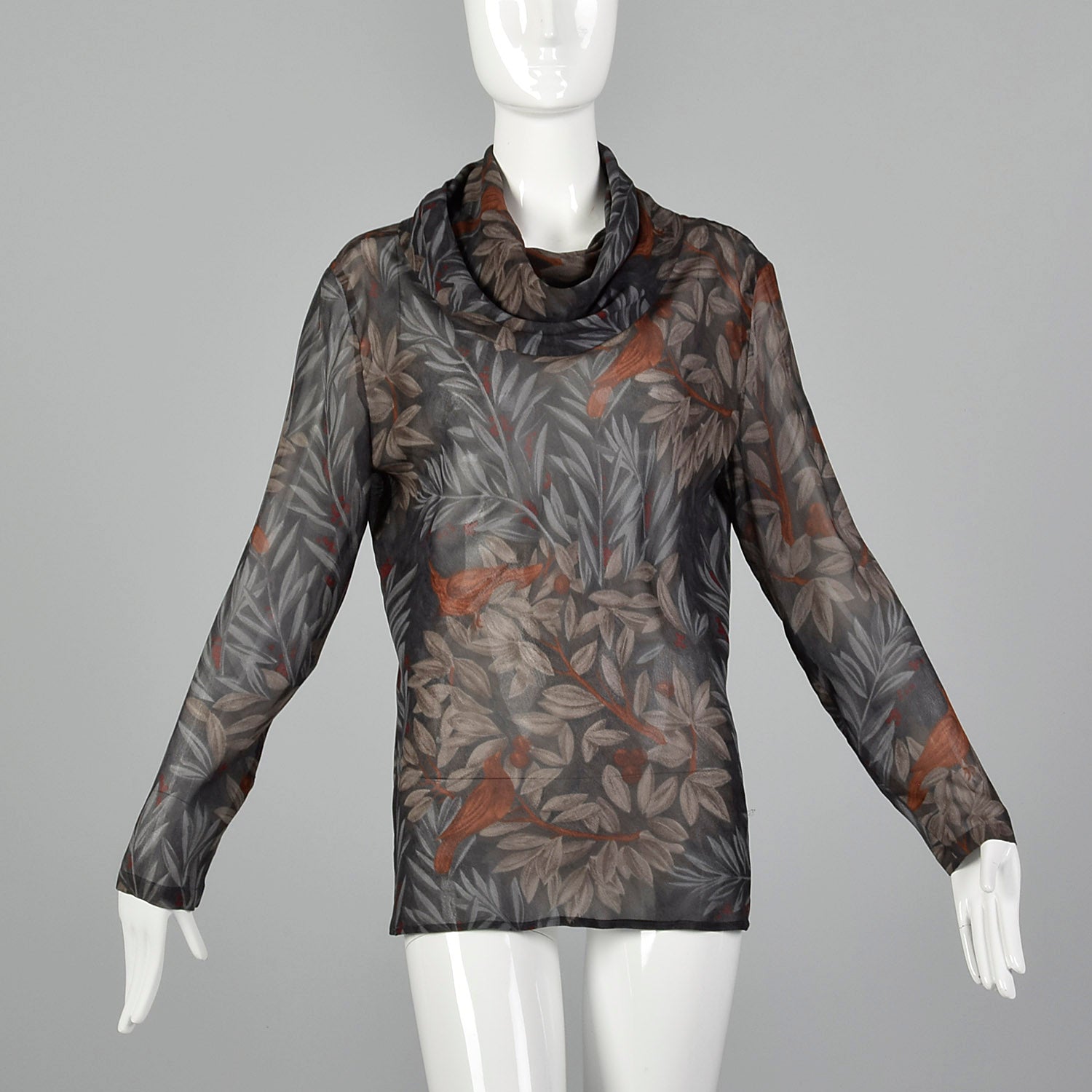 1980s Anne Klein Grey Leaf and Bird Print Blouse