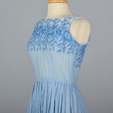 1950s Blue Cotton Day Dress with Embroidered Bodice