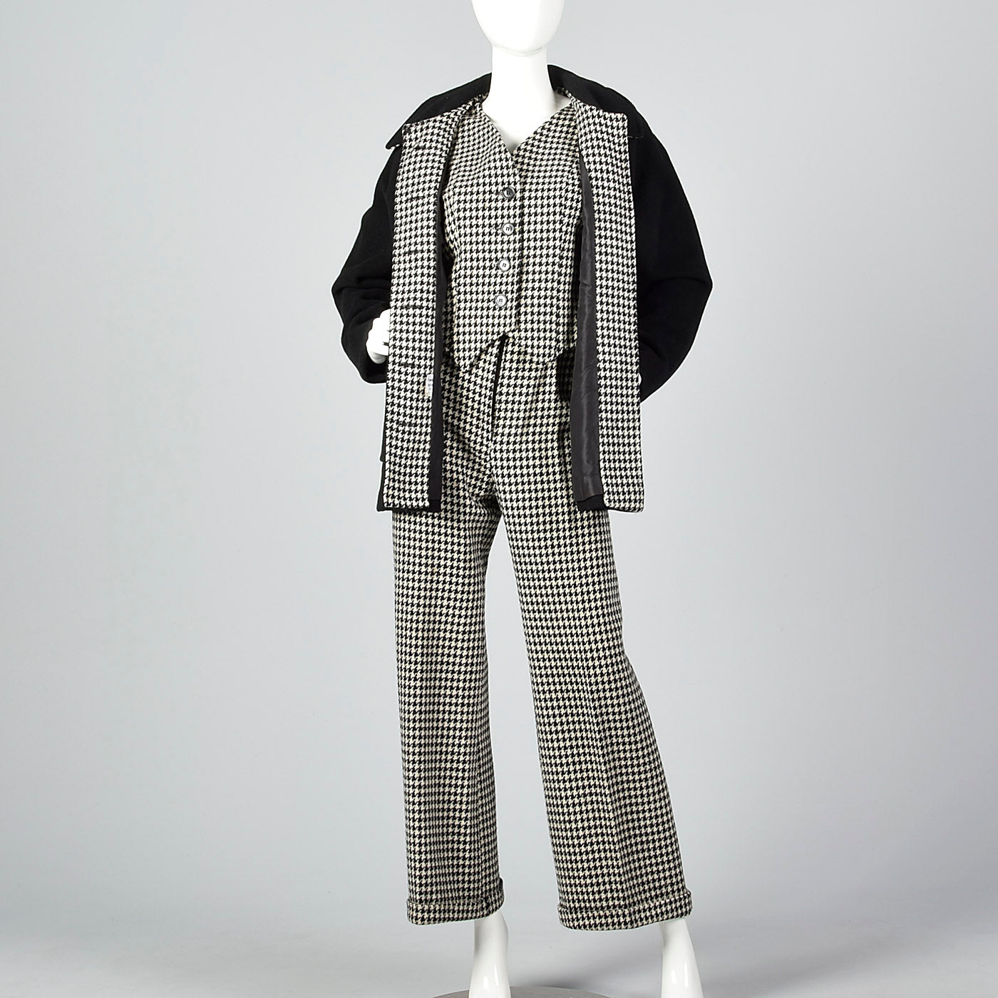1970s Three Piece Suit Separates in Black & White Houndstooth Tweed